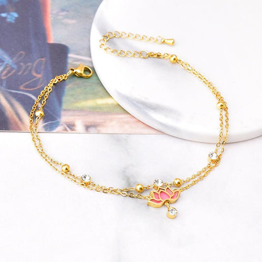 Gold Double Layer Lotus Flower & Crystal Zircon Anklet - Anklet - 18k Gold Plated Waterproof Jewellery - Collection 9