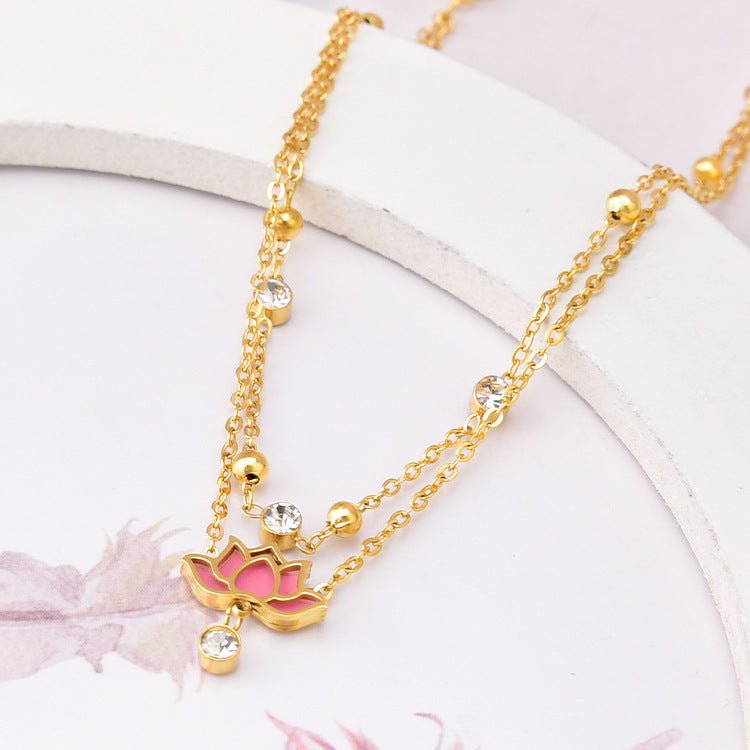 Gold Double Layer Lotus Flower & Crystal Zircon Anklet - Anklet - 18k Gold Plated Waterproof Jewellery - Collection 9