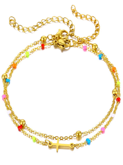 Gold Double Layer Multicolour Bead & Cross Charm Anklet - Anklet - 18k Gold Plated Waterproof Jewellery - Collection 9