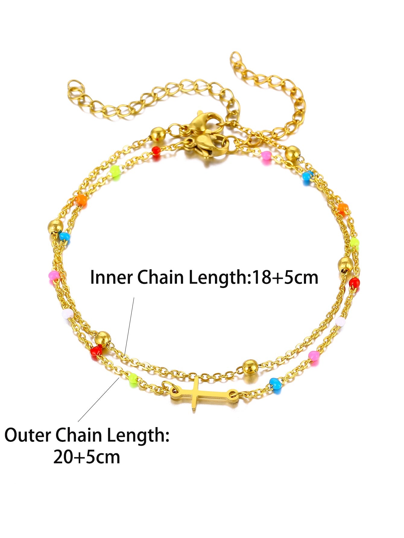 Gold Double Layer Multicolour Bead & Cross Charm Anklet - Anklet - 18k Gold Plated Waterproof Jewellery - Collection 9