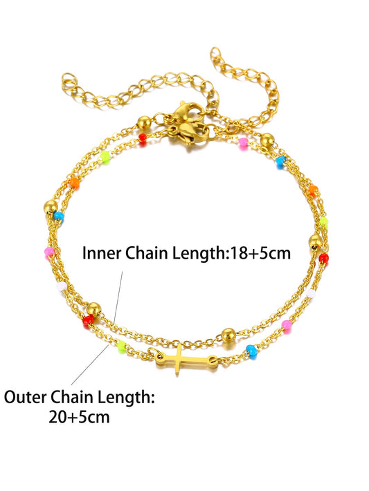 Gold Double Layer Multicolour Bead & Cross Charm Anklet - Anklet - 18k Gold Plated Waterproof Jewellery - Collection 9