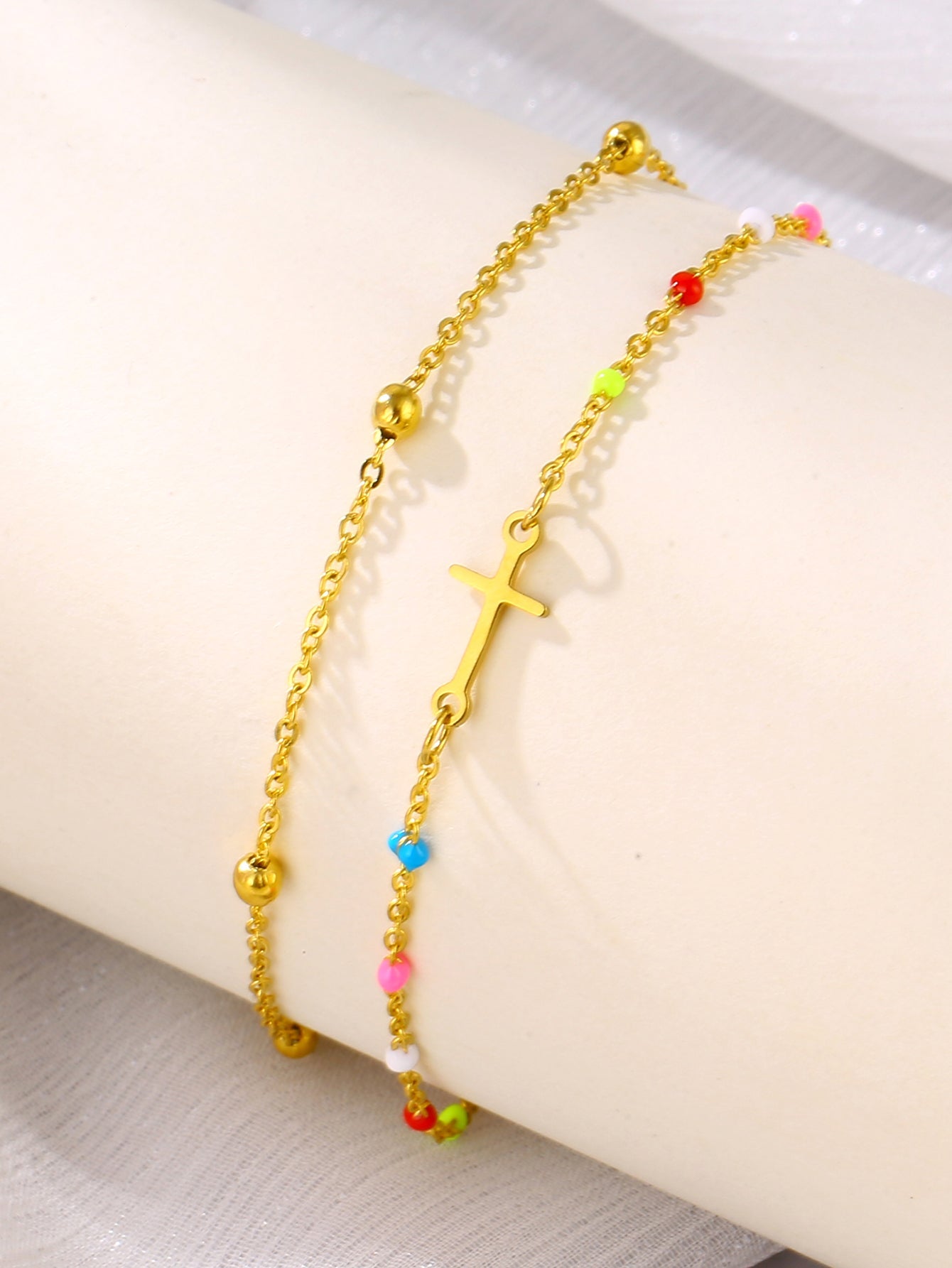 Gold Double Layer Multicolour Bead & Cross Charm Anklet - Anklet - 18k Gold Plated Waterproof Jewellery - Collection 9