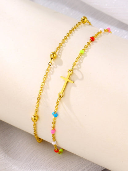 Gold Double Layer Multicolour Bead & Cross Charm Anklet - Anklet - 18k Gold Plated Waterproof Jewellery - Collection 9