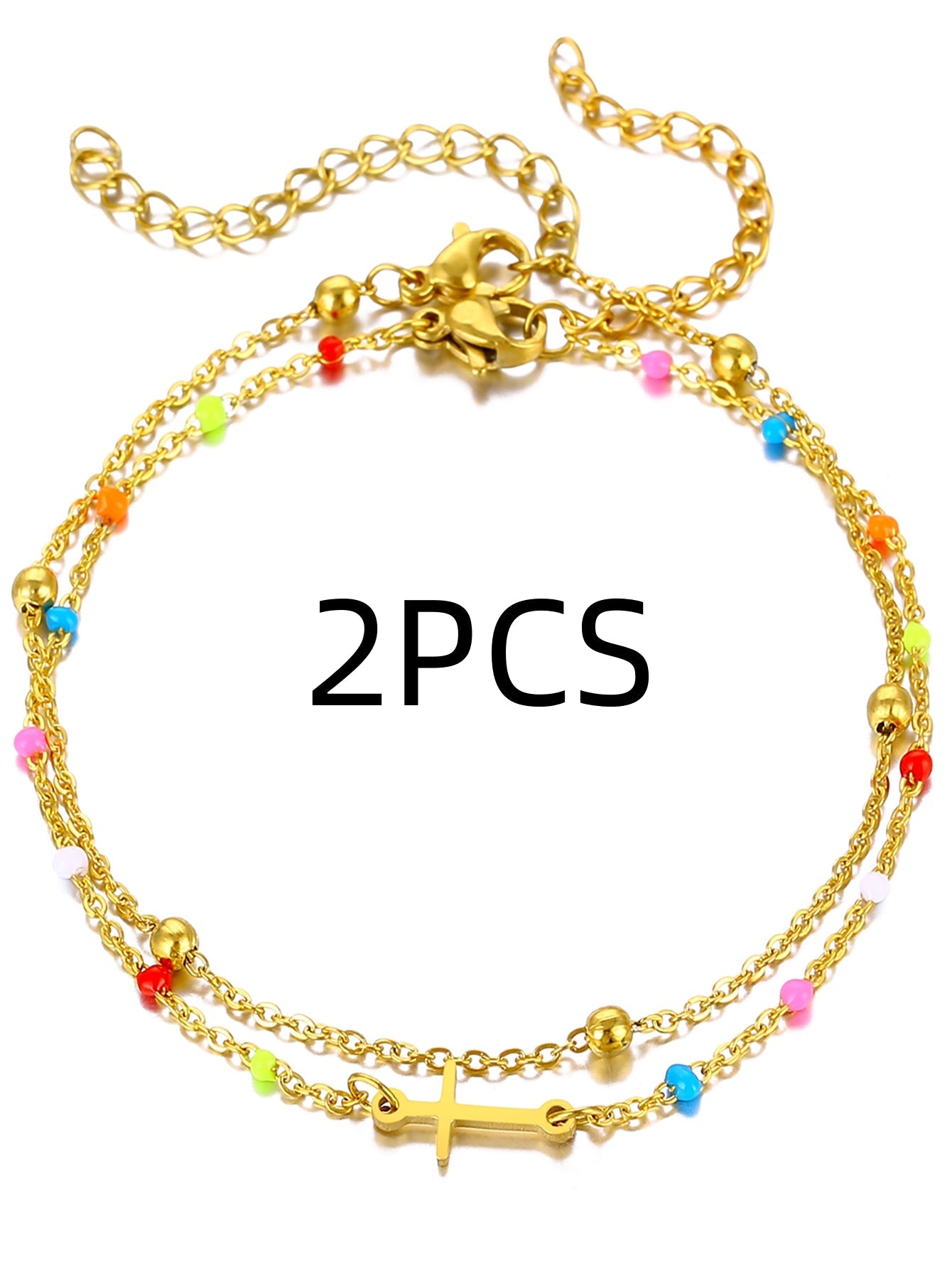 Gold Double Layer Multicolour Bead & Cross Charm Anklet - Anklet - 18k Gold Plated Waterproof Jewellery - Collection 9