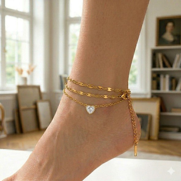 Gold Double Layer Oval Link & Heart Zircon Cable Chain Anklet Set - Anklets - 18k Gold Plated Waterproof Jewellery - Collection 9