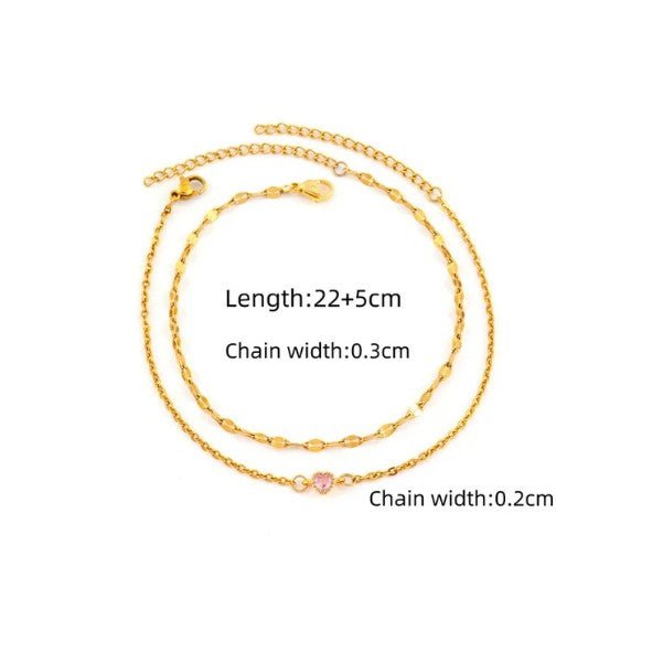 Gold Double Layer Oval Link & Heart Zircon Cable Chain Anklet Set - Anklets - 18k Gold Plated Waterproof Jewellery - Collection 9