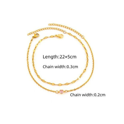 Gold Double Layer Oval Link & Heart Zircon Cable Chain Anklet Set - Anklets - 18k Gold Plated Waterproof Jewellery - Collection 9