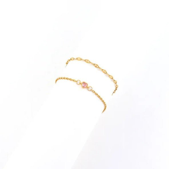 Gold Double Layer Oval Link & Heart Zircon Cable Chain Anklet Set - Anklets - 18k Gold Plated Waterproof Jewellery - Collection 9
