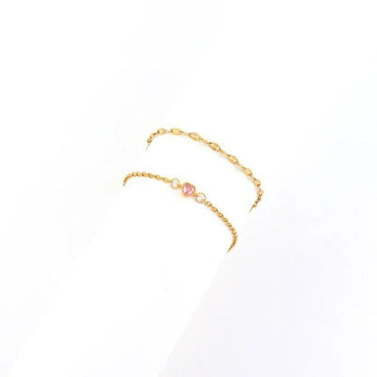 Gold Double Layer Oval Link & Heart Zircon Cable Chain Anklet Set - Anklets - 18k Gold Plated Waterproof Jewellery - Collection 9