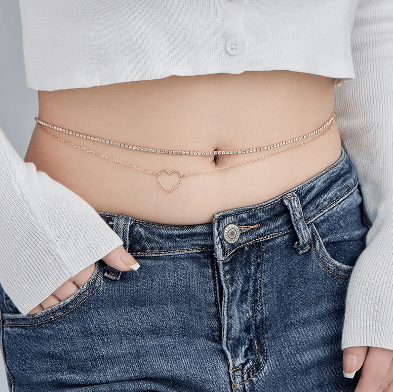 Gold Double Layer Rhinestone & Open Heart Pendant Waist Chain - Waist Chains - 18k Gold Plated Waterproof Jewellery - Collection 9