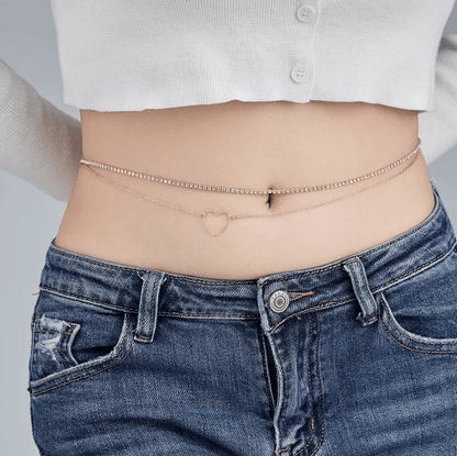 Gold Double Layer Rhinestone & Open Heart Pendant Waist Chain - Waist Chains - 18k Gold Plated Waterproof Jewellery - Collection 9