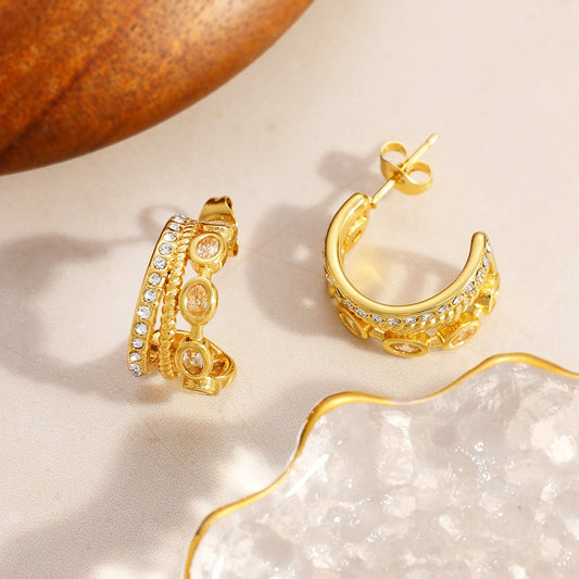 Gold Double Layer Rhinestone & Oval Zircon C-Hoop Earrings - Hoop Earrings - 18k Gold Plated Waterproof Jewellery - Collection 9