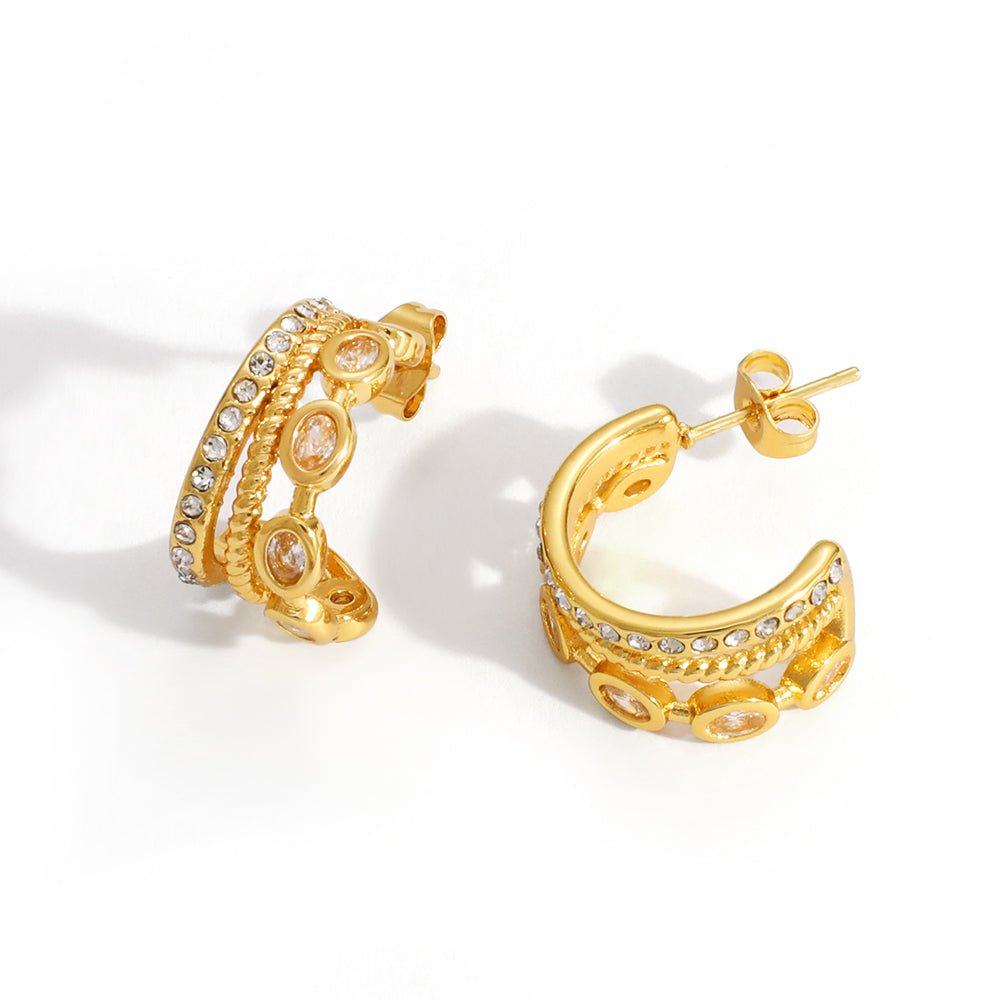 Gold Double Layer Rhinestone & Oval Zircon C-Hoop Earrings - Hoop Earrings - 18k Gold Plated Waterproof Jewellery - Collection 9