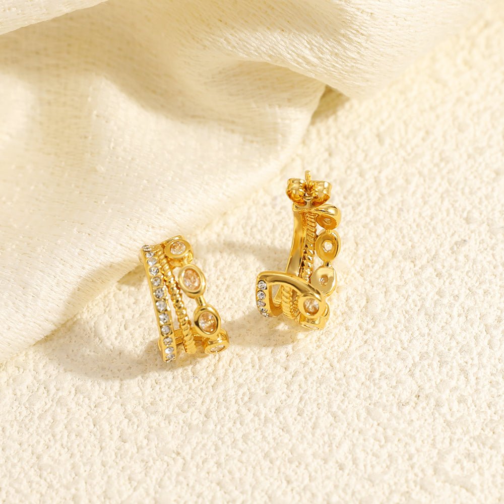 Gold Double Layer Rhinestone & Oval Zircon C-Hoop Earrings - Hoop Earrings - 18k Gold Plated Waterproof Jewellery - Collection 9