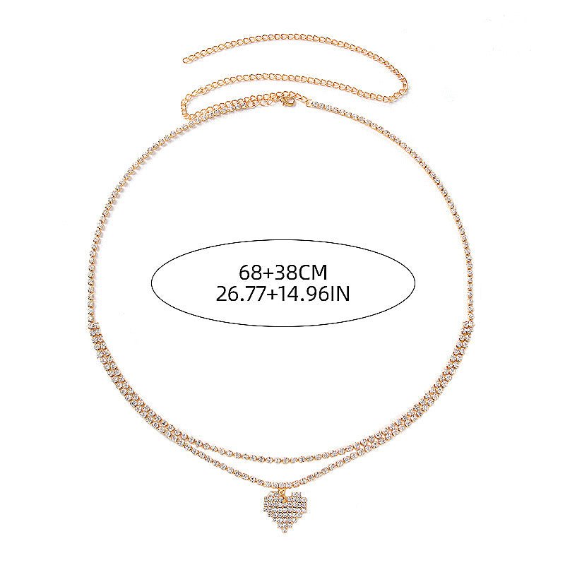 Gold Double Layer Rhinestone Tennis Waist Chain with Pavé Heart Pendant - Waist Chains - 18k Gold Plated Waterproof Jewellery - Collection 9