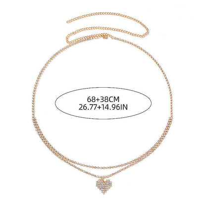 Gold Double Layer Rhinestone Tennis Waist Chain with Pavé Heart Pendant - Waist Chains - 18k Gold Plated Waterproof Jewellery - Collection 9
