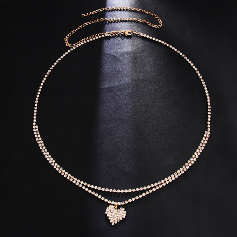 Gold Double Layer Rhinestone Tennis Waist Chain with Pavé Heart Pendant - Waist Chains - 18k Gold Plated Waterproof Jewellery - Collection 9