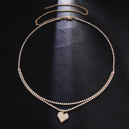 Gold Double Layer Rhinestone Tennis Waist Chain with Pavé Heart Pendant - Waist Chains - 18k Gold Plated Waterproof Jewellery - Collection 9