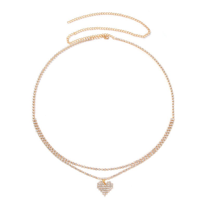 Gold Double Layer Rhinestone Tennis Waist Chain with Pavé Heart Pendant - Waist Chains - 18k Gold Plated Waterproof Jewellery - Collection 9