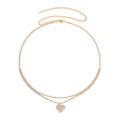 Gold Double Layer Rhinestone Tennis Waist Chain with Pavé Heart Pendant - Waist Chains - 18k Gold Plated Waterproof Jewellery - Collection 9