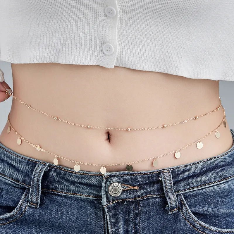 Gold Double Layer Satellite Bead & Disc Charm Waist Chain - Waist Chains - 18k Gold Plated Waterproof Jewellery - Collection 9
