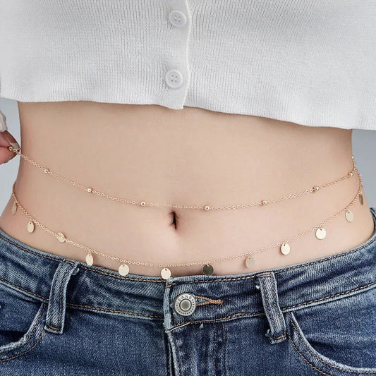 Gold Double Layer Satellite Bead & Disc Charm Waist Chain - Waist Chains - 18k Gold Plated Waterproof Jewellery - Collection 9