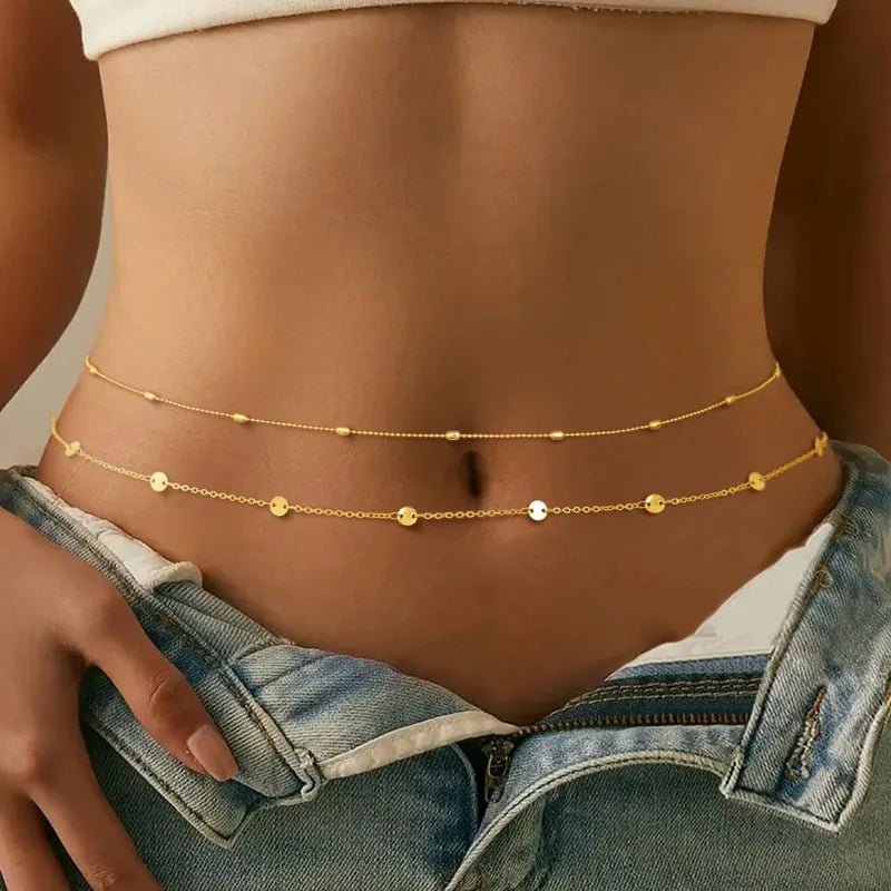 Gold Double Layer Satellite Bead & Flat Disc Chain Waist Chain - Waist Chains - 18k Gold Plated Waterproof Jewellery - Collection 9