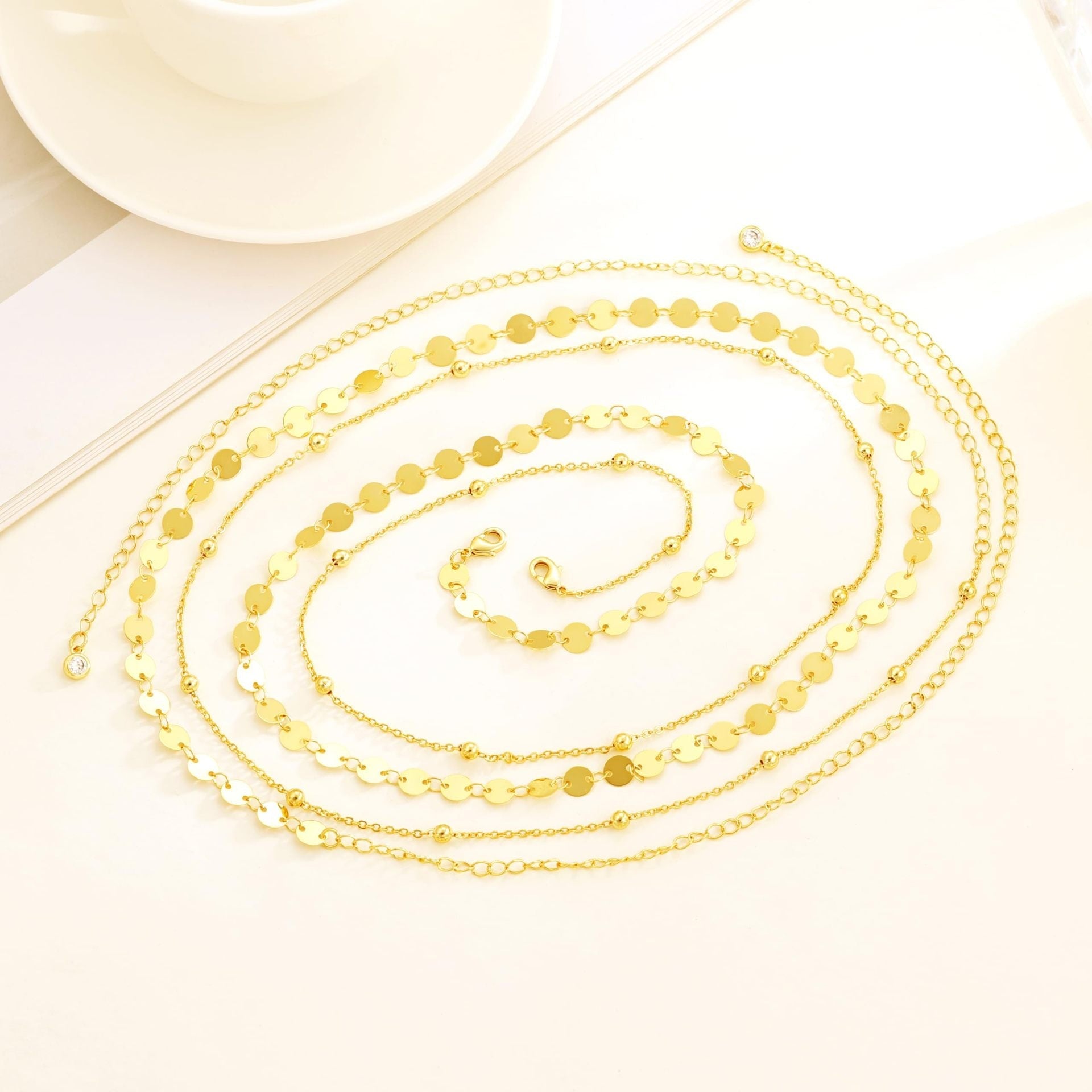 Gold Double Layer Satellite Bead & Sequin Disc Chain Waist Chain - Waist Chains - 18k Gold Plated Waterproof Jewellery - Collection 9