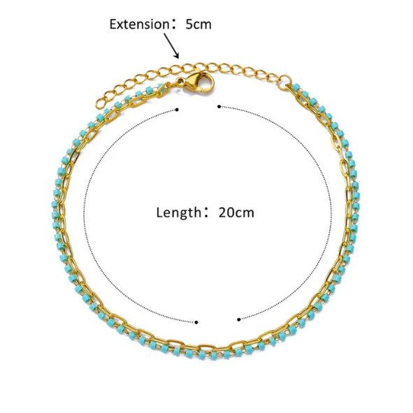 Gold Double Layer Turquoise Bead & Paperclip Chain Anklet - Anklets - 18k Gold Plated Waterproof Jewellery - Collection 9