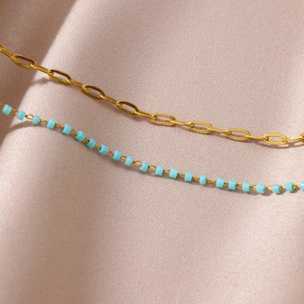 Gold Double Layer Turquoise Bead & Paperclip Chain Anklet - Anklets - 18k Gold Plated Waterproof Jewellery - Collection 9
