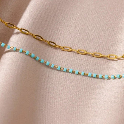 Gold Double Layer Turquoise Bead & Paperclip Chain Anklet - Anklets - 18k Gold Plated Waterproof Jewellery - Collection 9