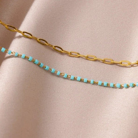Gold Double Layer Turquoise Bead & Paperclip Chain Anklet - Anklets - 18k Gold Plated Waterproof Jewellery - Collection 9