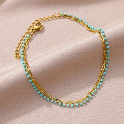 Gold Double Layer Turquoise Bead & Paperclip Chain Anklet - Anklets - 18k Gold Plated Waterproof Jewellery - Collection 9