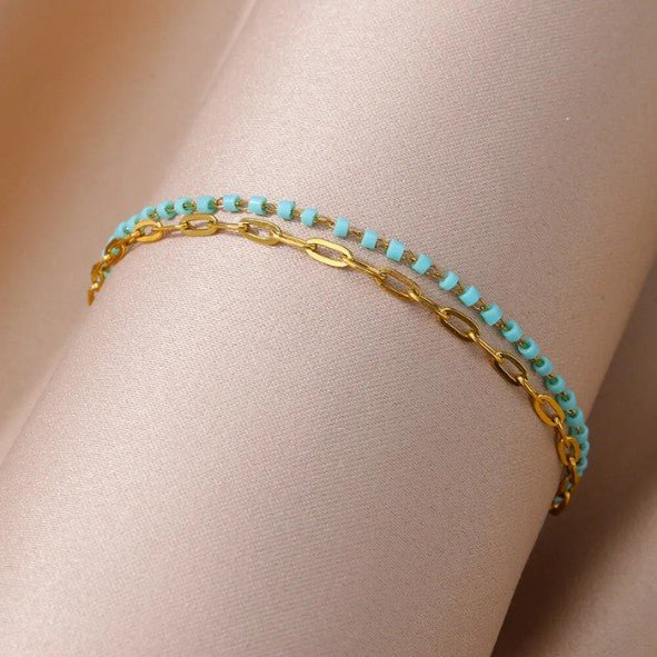 Gold Double Layer Turquoise Bead & Paperclip Chain Anklet - Anklets - 18k Gold Plated Waterproof Jewellery - Collection 9