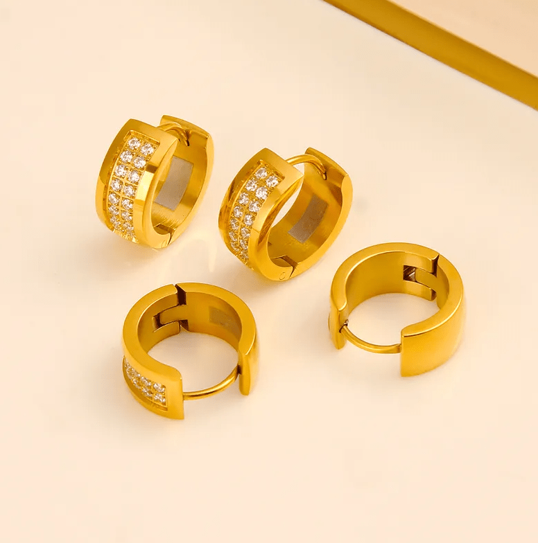 Gold Double Row Crystal Huggie Earrings - - 18k Gold Plated Waterproof Jewellery - Collection 9