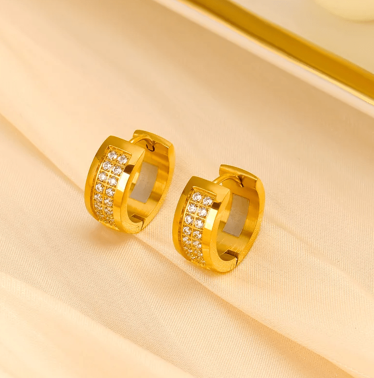 Gold Double Row Crystal Huggie Earrings - - 18k Gold Plated Waterproof Jewellery - Collection 9