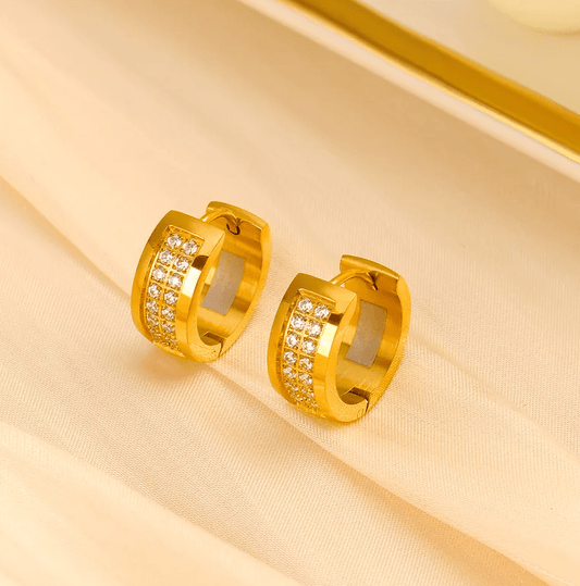 Gold Double Row Crystal Huggie Earrings - - 18k Gold Plated Waterproof Jewellery - Collection 9
