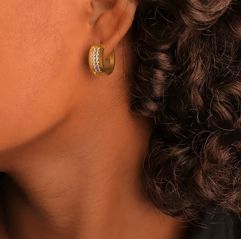 Gold Double Row Crystal Huggie Earrings - - 18k Gold Plated Waterproof Jewellery - Collection 9