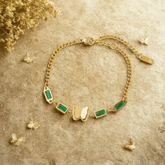 Gold Emerald Butterfly Bracelet - Bracelet - 18k Gold Plated Waterproof Jewellery - Collection 9
