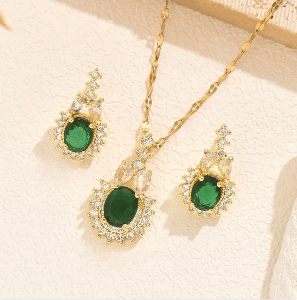Gold Emerald Crystal Crown Halo Jewelry Set - - 18k Gold Plated Waterproof Jewellery - Collection 9