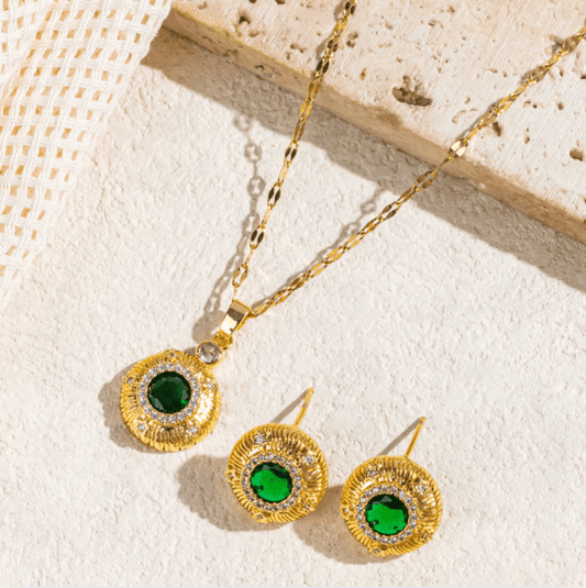 Gold Emerald Crystal Halo Jewelry Set - - 18k Gold Plated Waterproof Jewellery - Collection 9