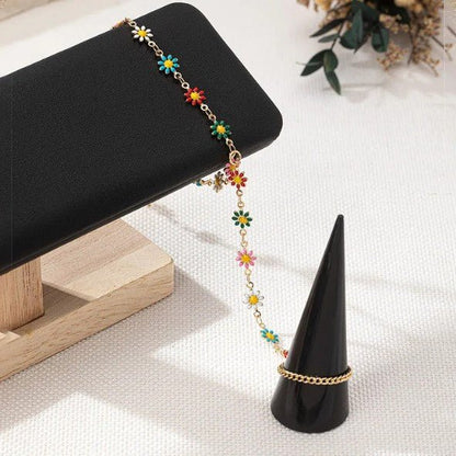 Gold Enamel Daisy Flower Chain Anklet with Finger Ring - Anklets - 18k Gold Plated Waterproof Jewellery - Collection 9