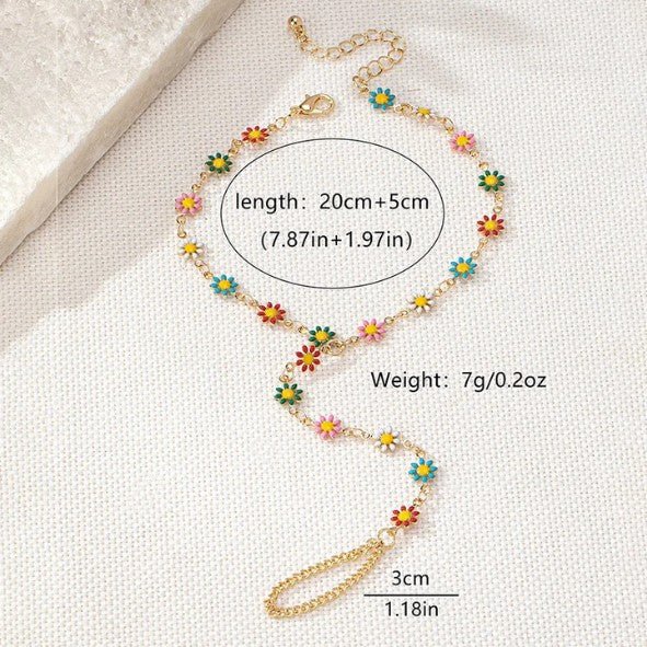 Gold Enamel Daisy Flower Chain Anklet with Finger Ring - Anklets - 18k Gold Plated Waterproof Jewellery - Collection 9