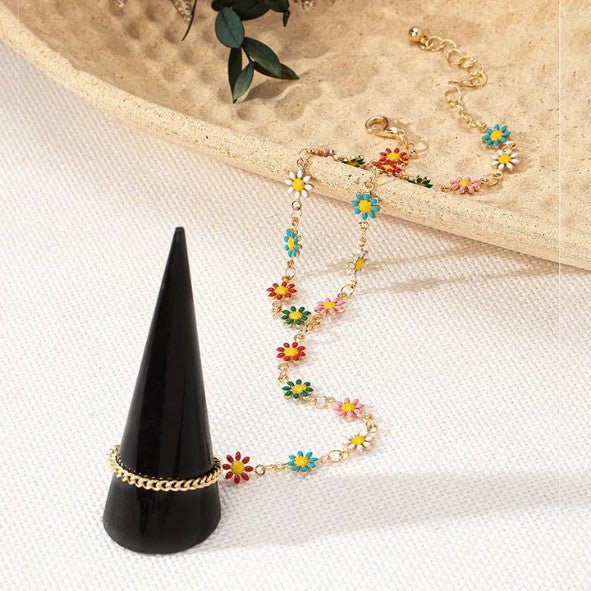 Gold Enamel Daisy Flower Chain Anklet with Finger Ring - Anklets - 18k Gold Plated Waterproof Jewellery - Collection 9