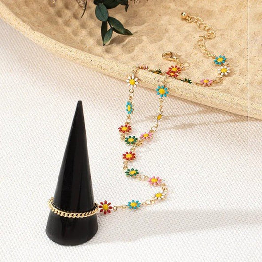 Gold Enamel Daisy Flower Chain Anklet with Finger Ring - Anklets - 18k Gold Plated Waterproof Jewellery - Collection 9