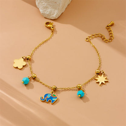 Gold Enamel Elephant Flower & Star Charm Cable Chain Bracelet - Bracelets - 18k Gold Plated Waterproof Jewellery - Collection 9