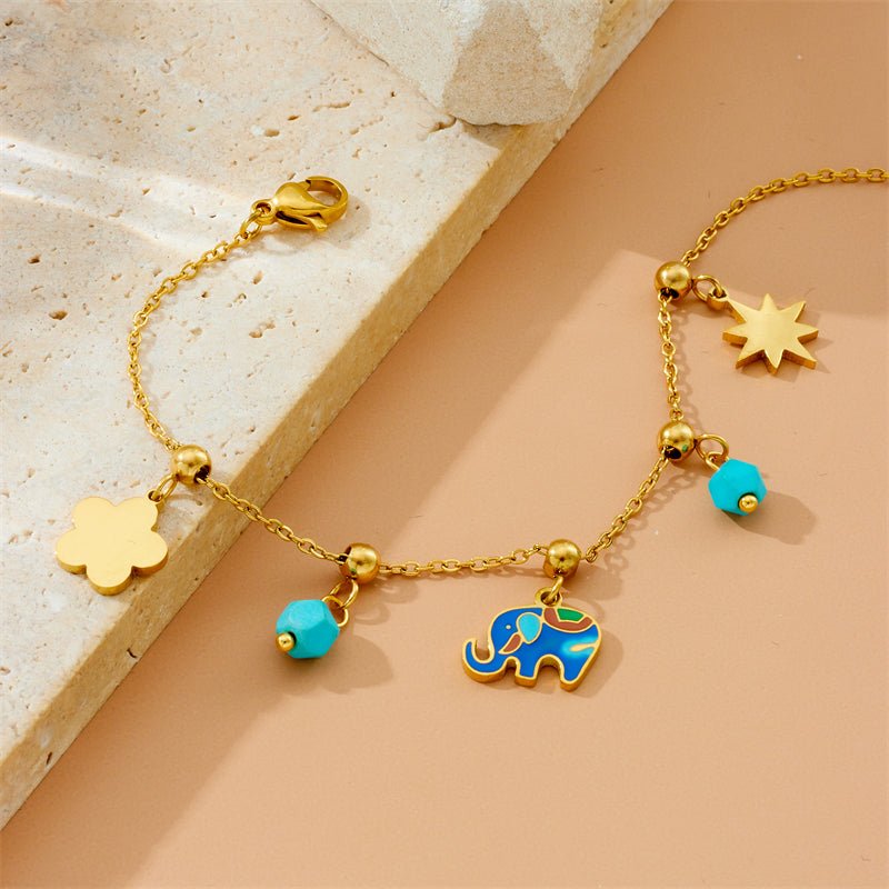 Gold Enamel Elephant Flower & Star Charm Cable Chain Bracelet - Bracelets - 18k Gold Plated Waterproof Jewellery - Collection 9