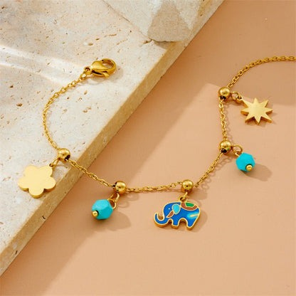 Gold Enamel Elephant Flower & Star Charm Cable Chain Bracelet - Bracelets - 18k Gold Plated Waterproof Jewellery - Collection 9