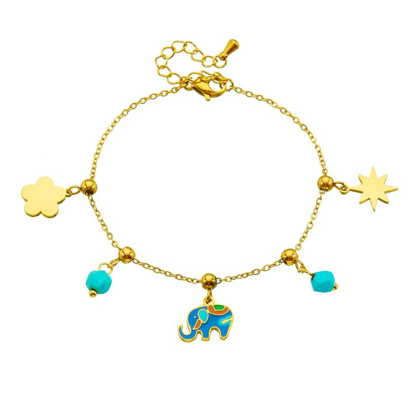 Gold Enamel Elephant Flower & Star Charm Cable Chain Bracelet - Bracelets - 18k Gold Plated Waterproof Jewellery - Collection 9