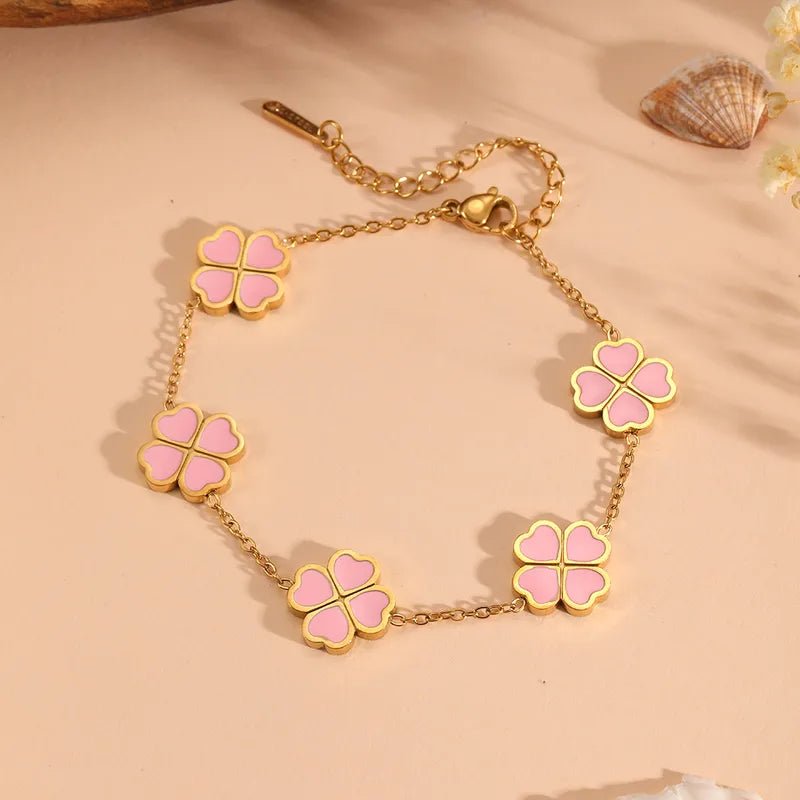 Gold Enamel Four-Leaf Clover Charm Bracelet - Bracelets - 18k Gold Plated Waterproof Jewellery - Collection 9